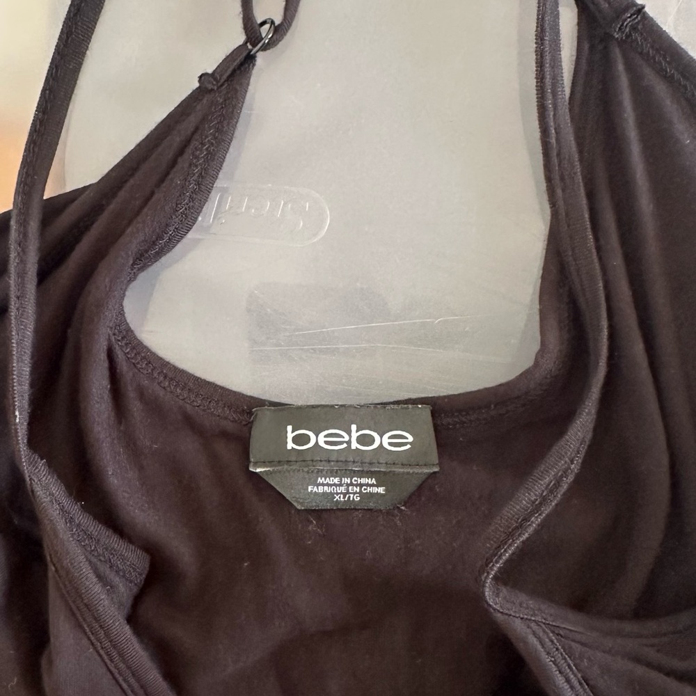 Bebe Rhinestone Logo Maxi Dress Off-Shoulder Pom Pom Trim Size XL Y2K Bling - Picture 7 of 11